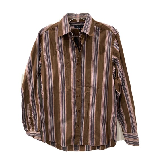 Ted Baker Shirt Mens Size 2 36 Striped Button Down Top Brown Purple - Picture 1 of 3